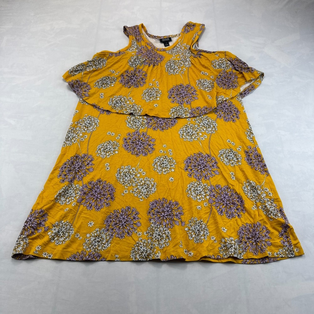 A.N.A Tunic Top Womens Small Yellow Floral Cold Shoulder Overlay Stretch Boho